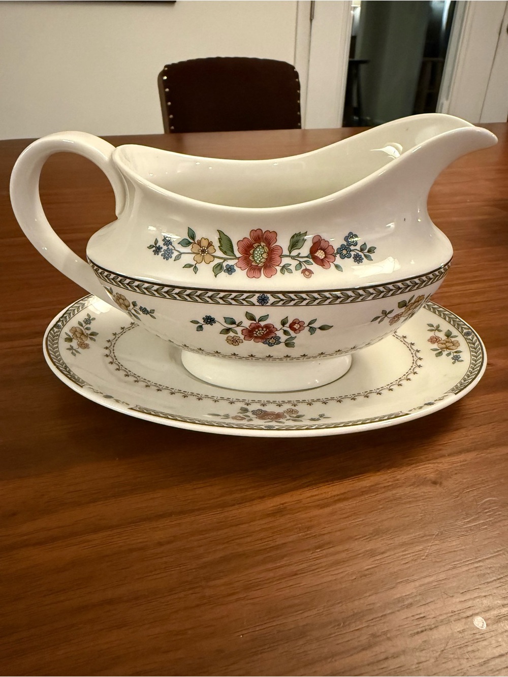 Royal Doulton White Gravy Boat and Platter with Red and Green Floral Motif